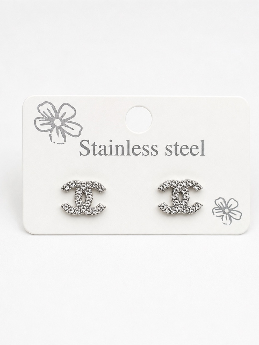 Crystal Accent Stainless Steel Logo-Style Stud Earrings - Silver - Picture 2 of 4